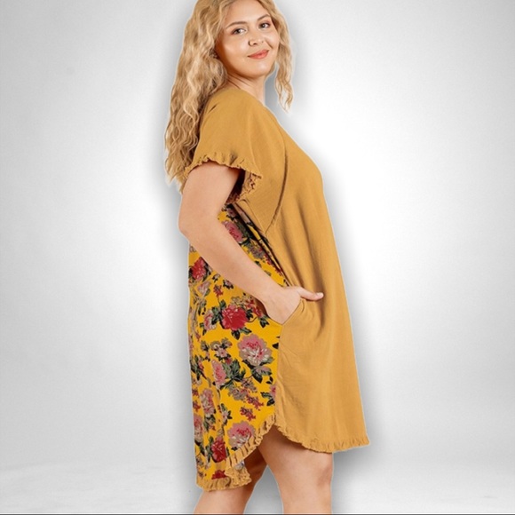 Dresses & Skirts - Mustard Floral Back Hi-Low Ruffle Hem Dress